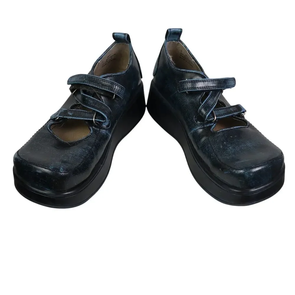 Vintage 90s Report Black Blue Mary-Jane Chunky Platform Shoes 9